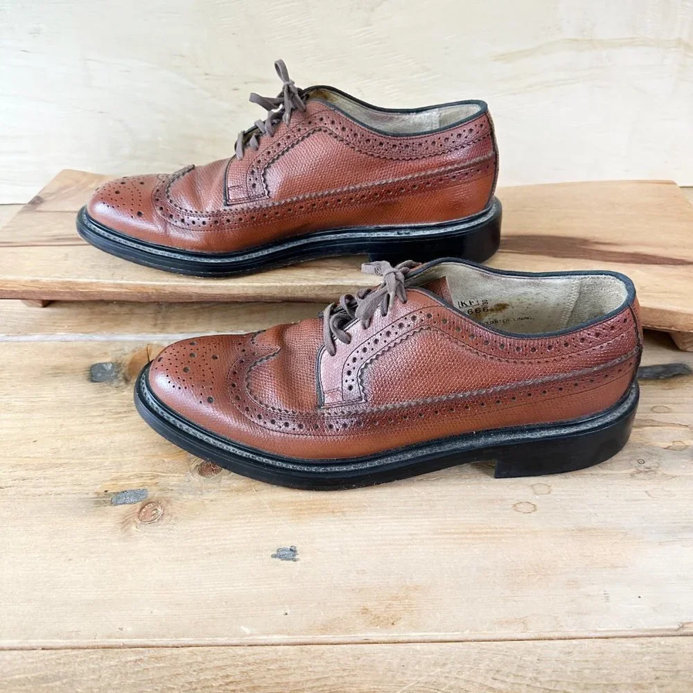 Vintage Sears Brown Leather Men's Oxfords Wing Tips Wingtips Dress Shoes Size 8D